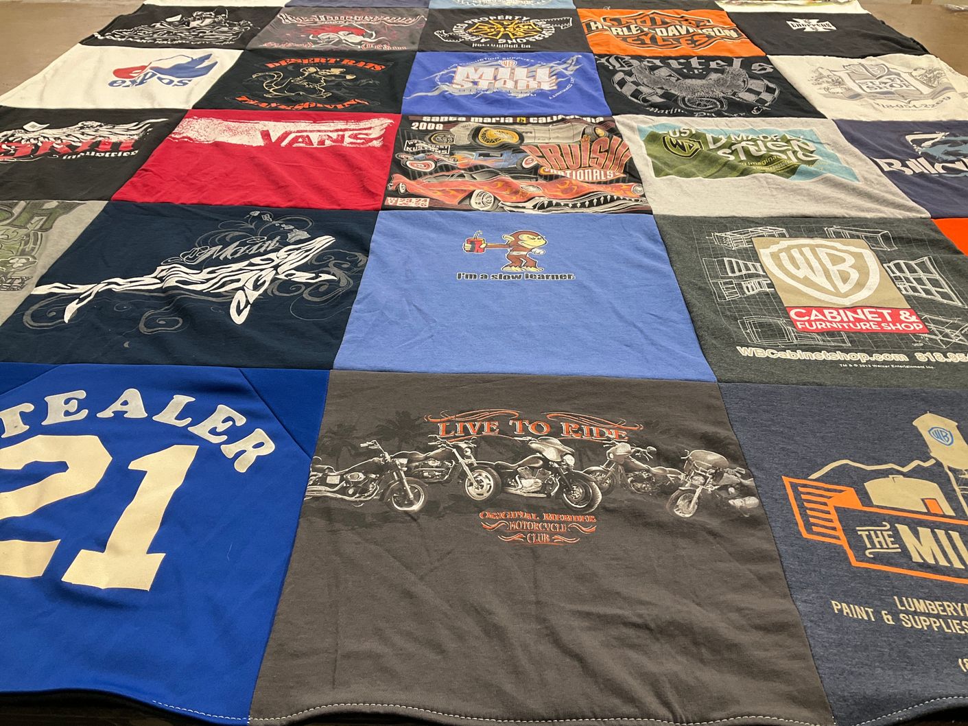 T-shirt quilt with motorcycles themes by Sandra from CA