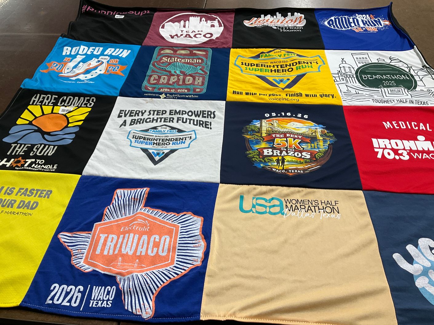 T-shirt quilt with running, marathons themes by Tiffany from TX