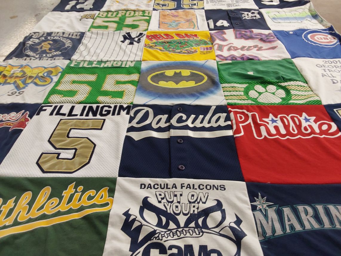 T-shirt quilt with sports, baseball themes by Sandra from GA
