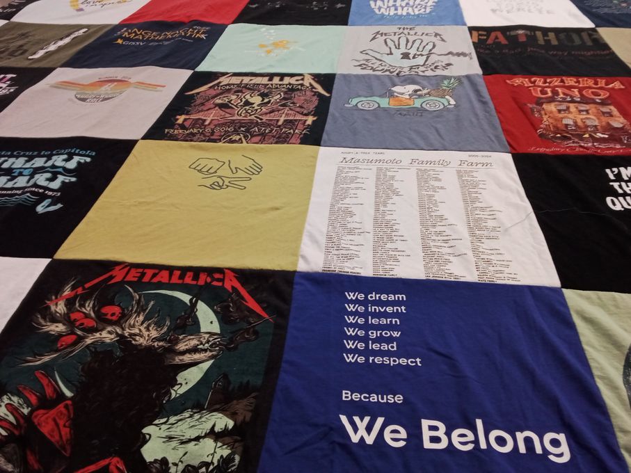 T-shirt quilt with music, agriculture themes by Jenny from CA