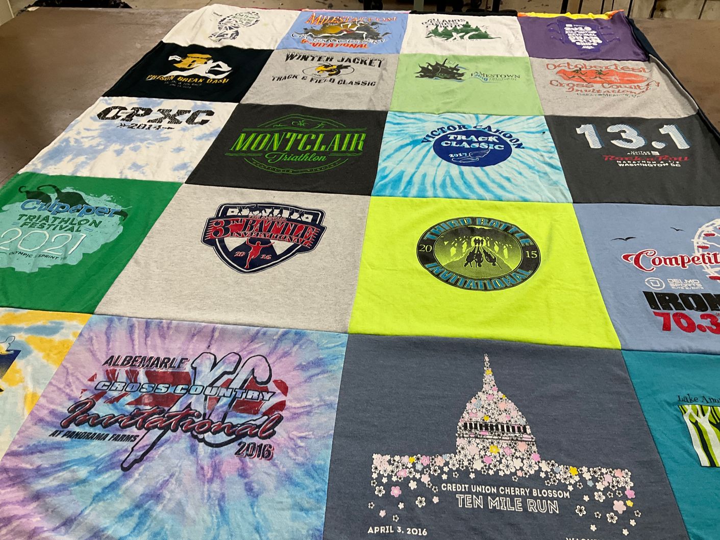 T-shirt quilt with running, triathlons themes by Cathy from VA