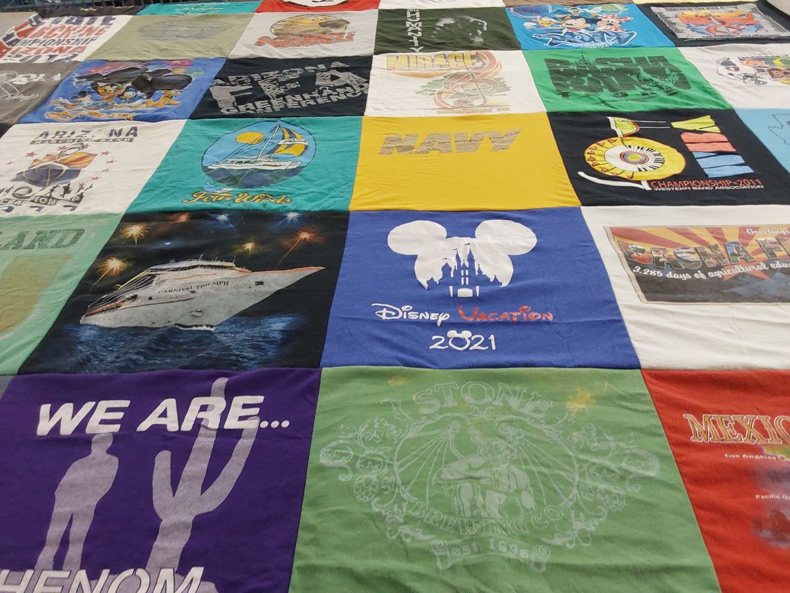 T-shirt quilt with travel, vacation themes by Kim from AZ