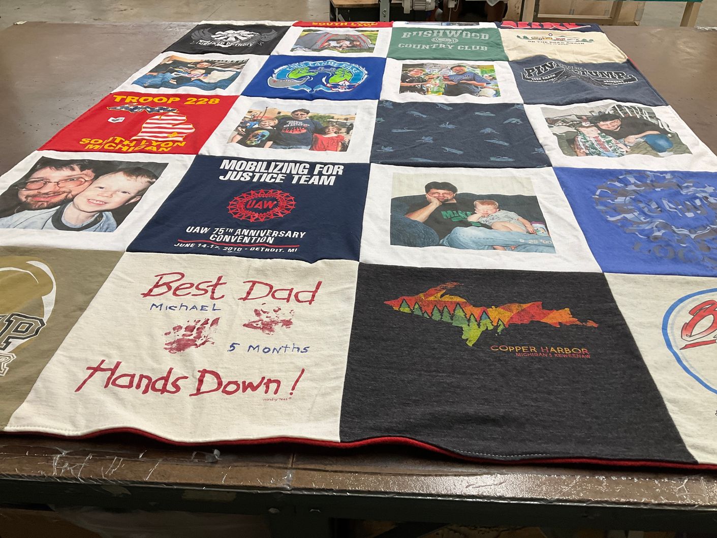 T-shirt quilt with family, camping themes by Tracy from MI