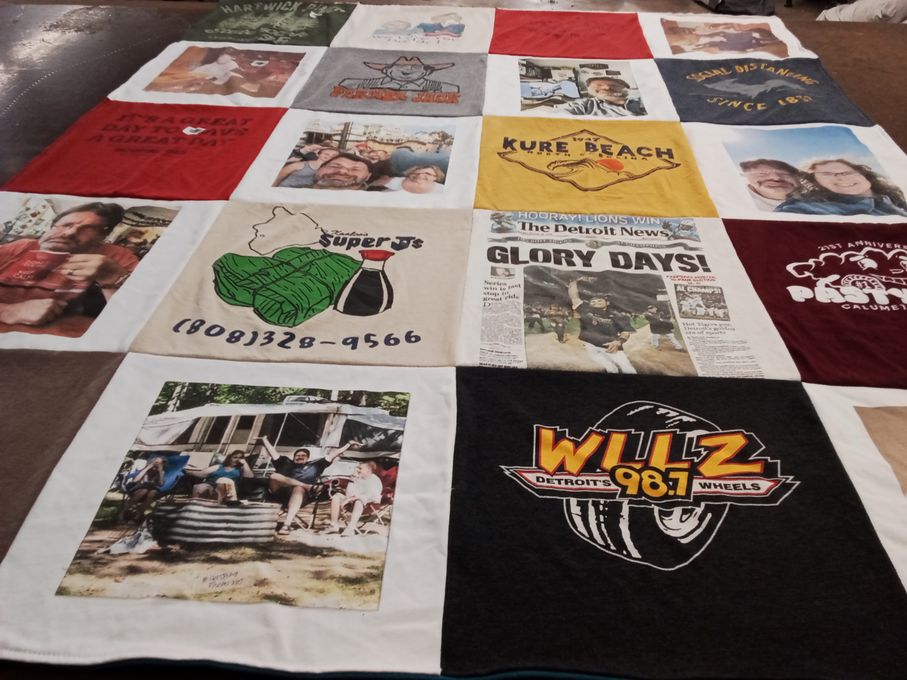 T-shirt quilt with camping, radio themes by Tracy from MI