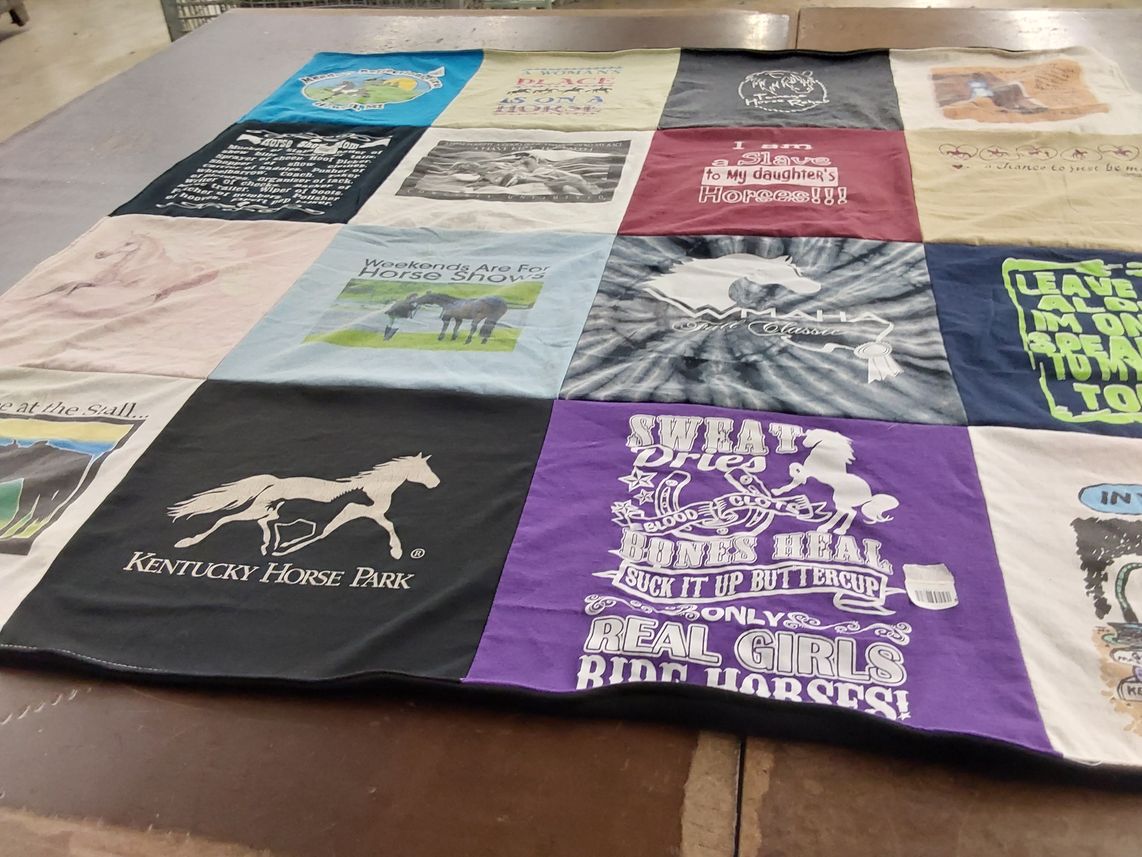 T-shirt quilt with horses, horse riding themes by Shannon from MI