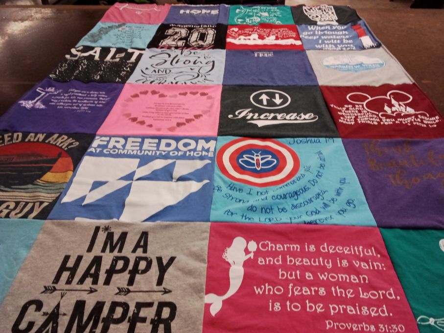 T-shirt quilt with faith, camping themes by Mary from FL