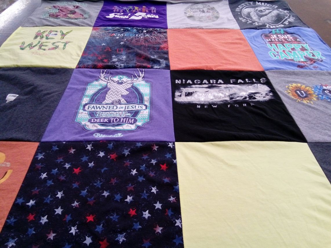 T-shirt quilt with travel, faith themes by Rebecca from FL