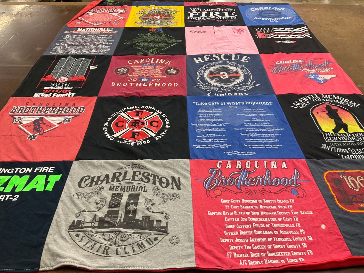 T-shirt quilt with firefighting, memorials themes by Cheryl from NC