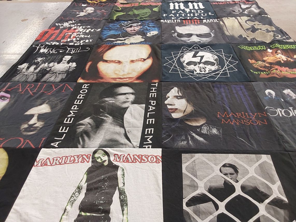 T-shirt quilt with music, bands themes by Amy from CA