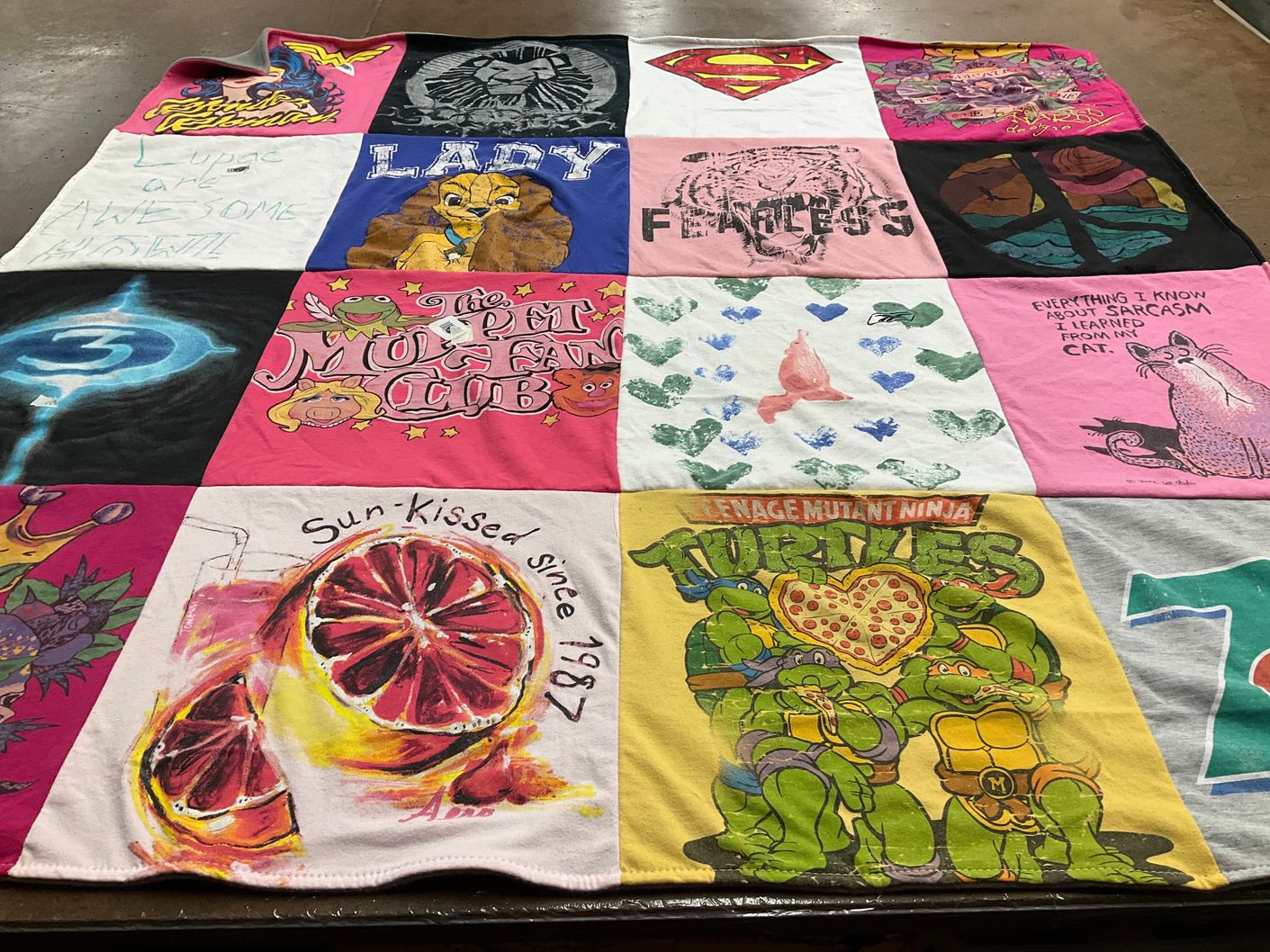 T-shirt quilt with comics, animation themes by Denise from MA