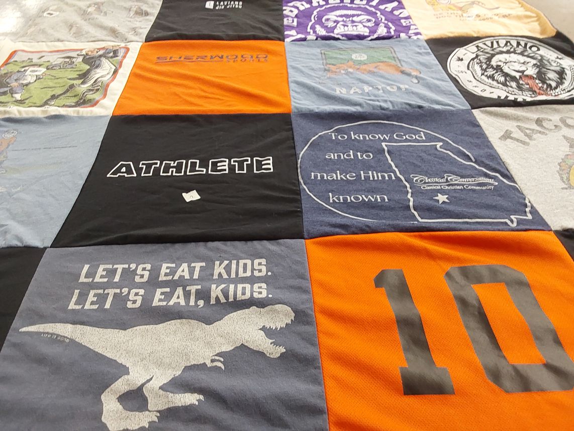 T-shirt quilt with sports, education themes by Elyse from GA