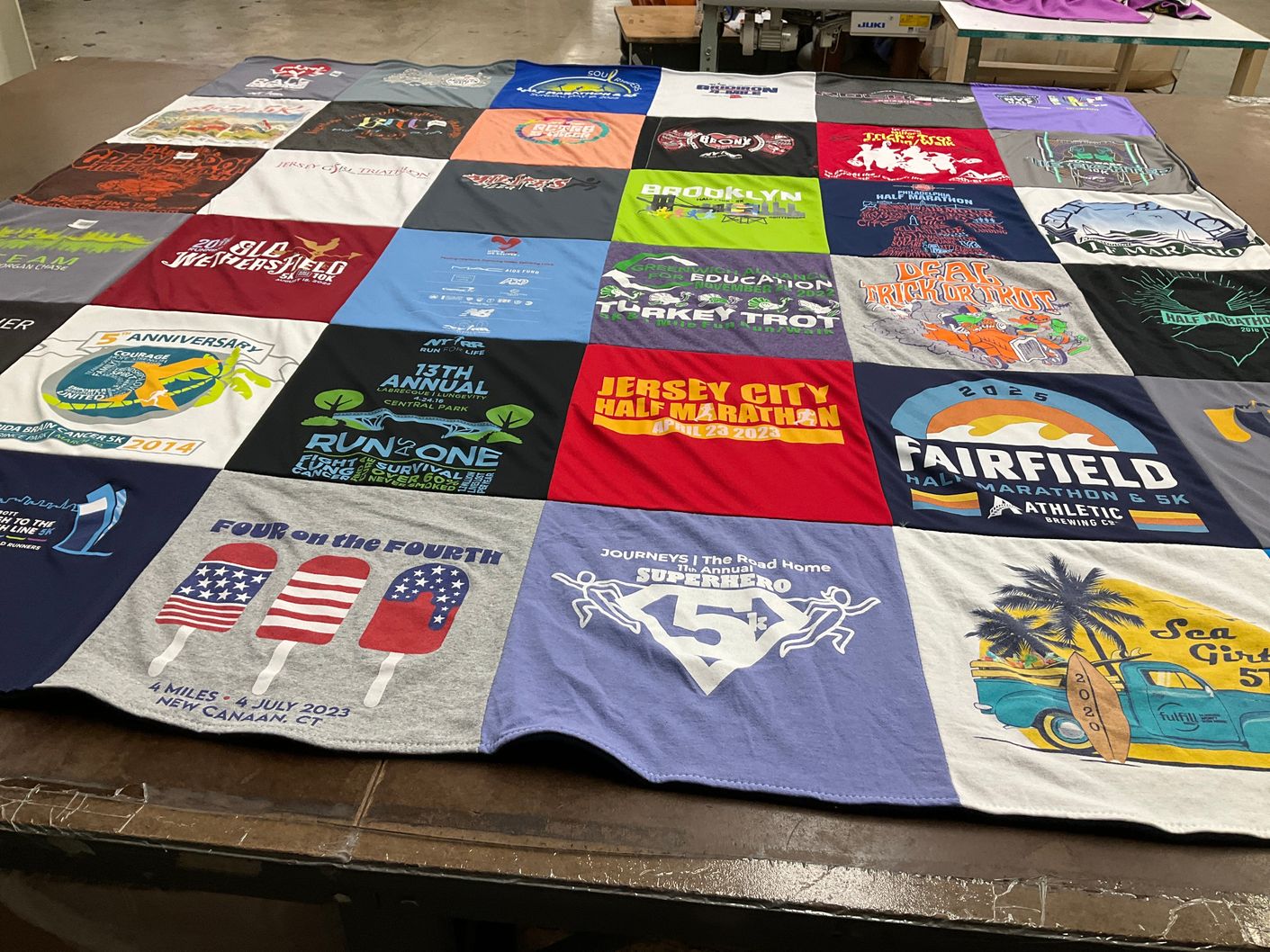 T-shirt quilt with running, marathons themes by Lauren from CT