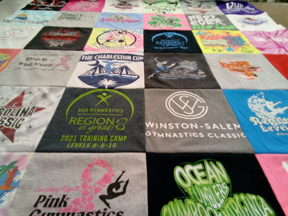 T-shirt quilt with gymnastics, sports themes by Beverly from NC