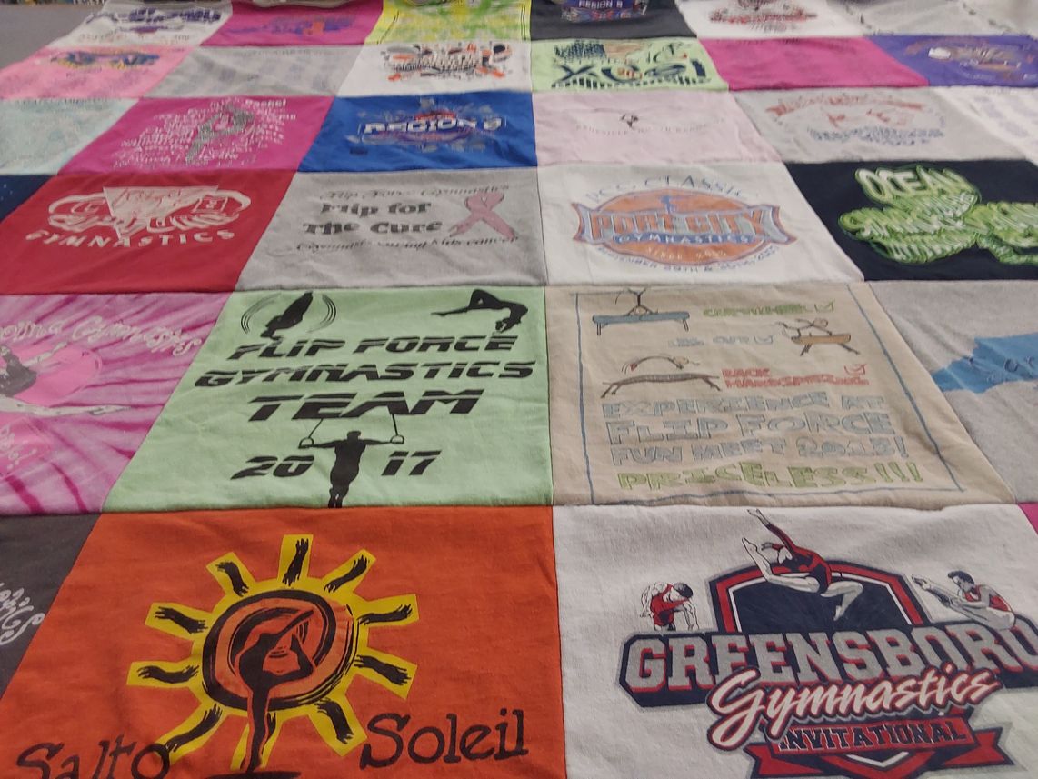T-shirt quilt featuring flip force gymnastics team by Beverly from NC
