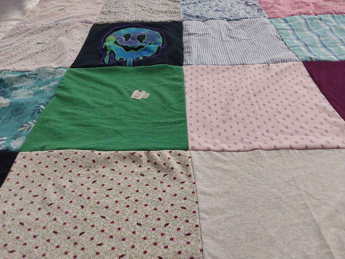 T-shirt quilt with art, crafting themes by Marcie from CA