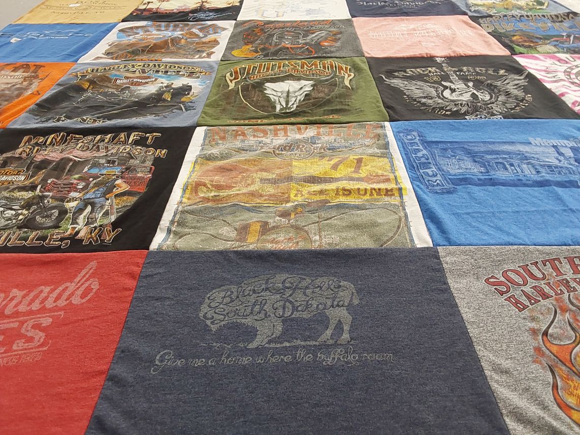 T-shirt quilt with motorcycles, travel themes by Krisanne from KY