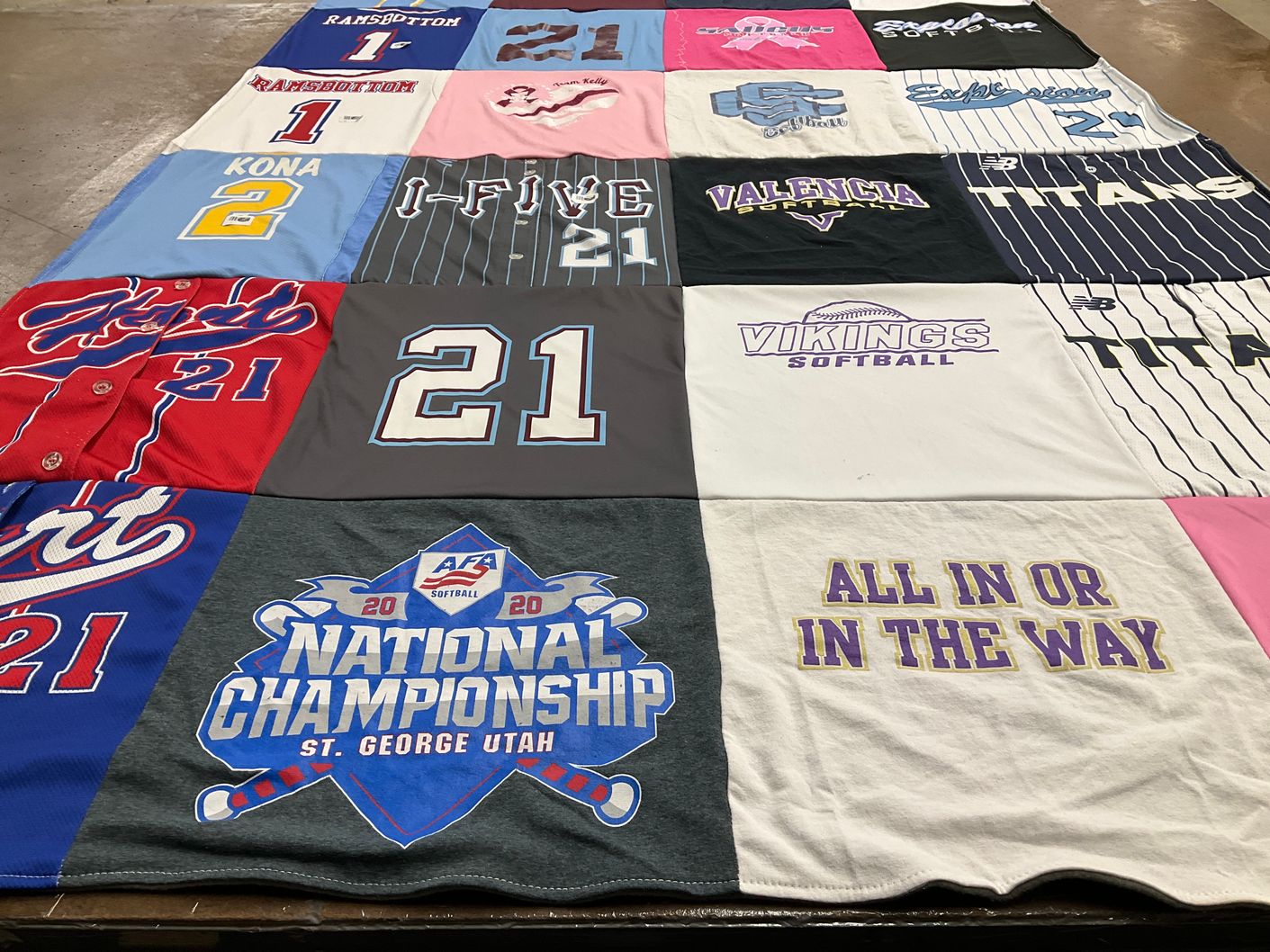 T-shirt quilt featuring vikings softball by Chizuko from CA
