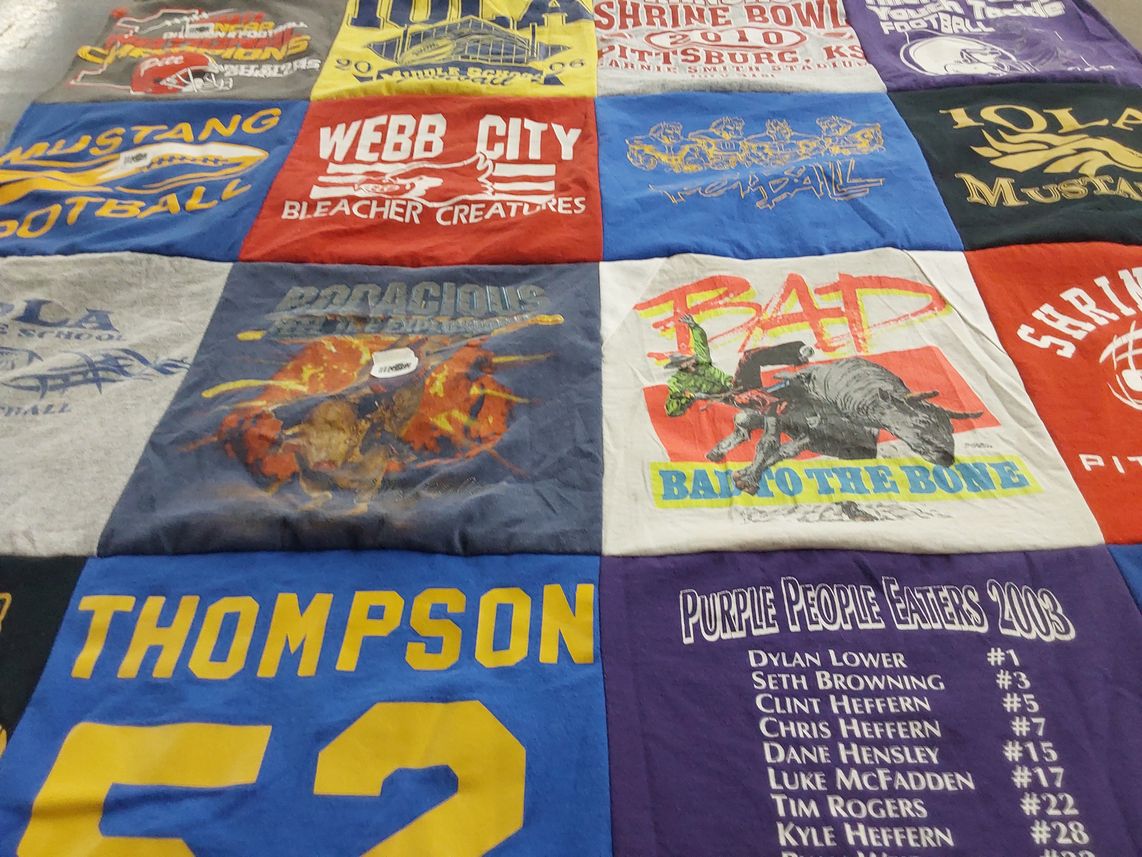 T-shirt quilt featuring mustang football, purple people eaters by susan from KS