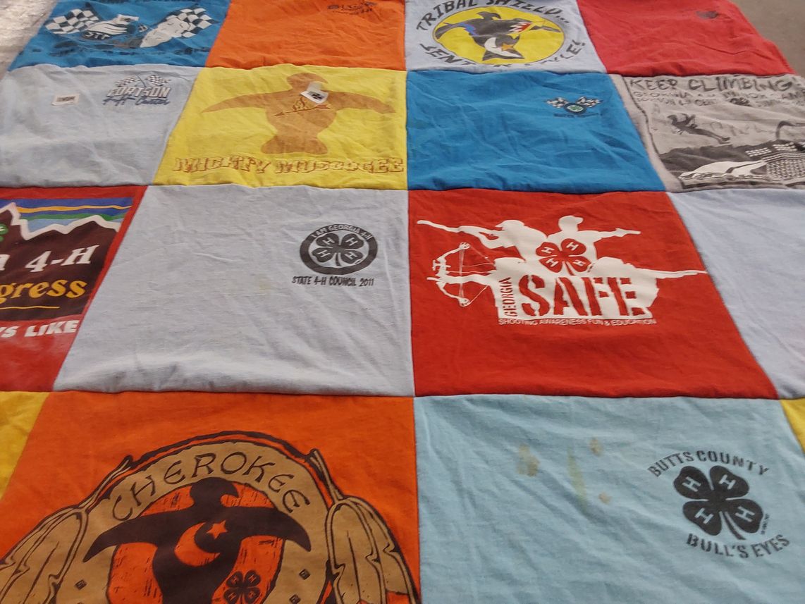 T-shirt quilt with outdoors, hiking themes by harrileen from GA