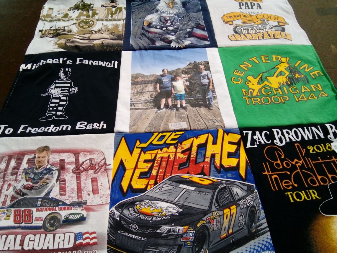 T-shirt quilt with patriotism, family themes by Jackie from MI