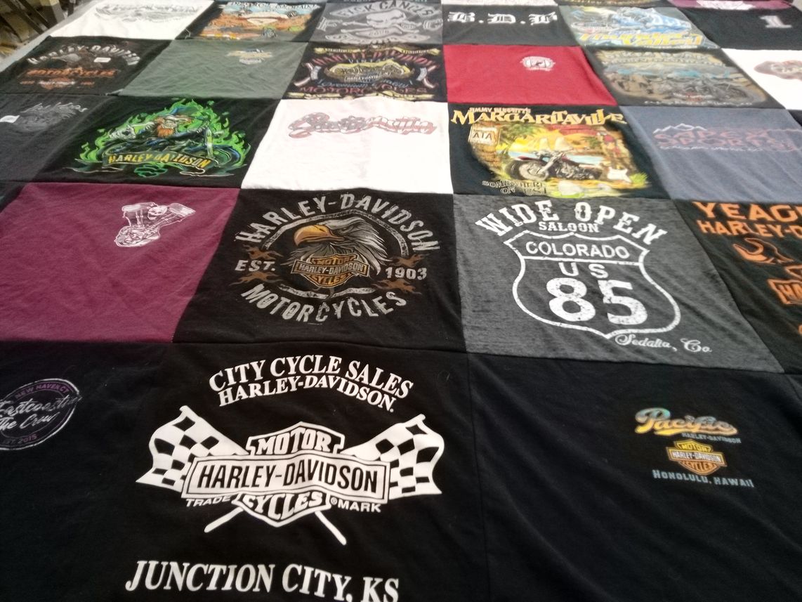 T-shirt quilt with motorcycles, biking themes by Ryan from TN