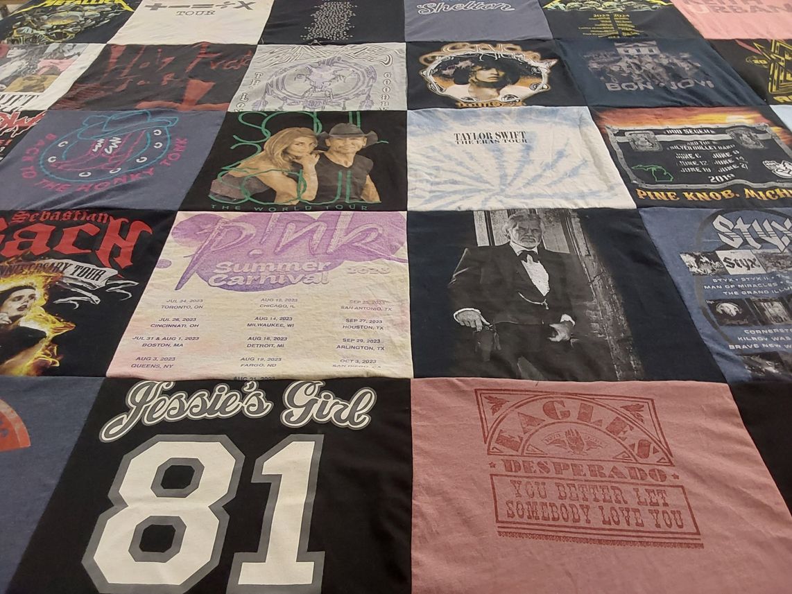 T-shirt quilt with music, concerts themes by Jenny from MI