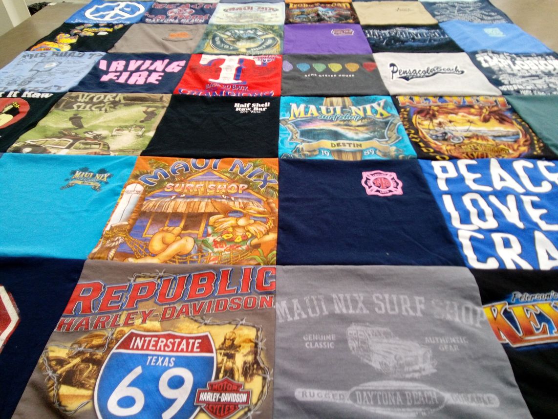 T-shirt quilt with motorcycles, beach themes by Anna from TX