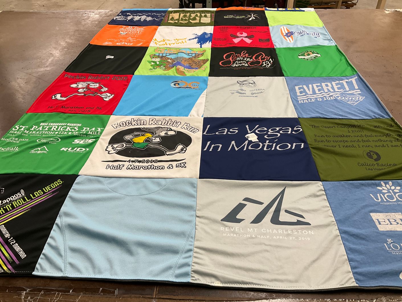 T-shirt quilt with running, marathons themes by Kylie from NV