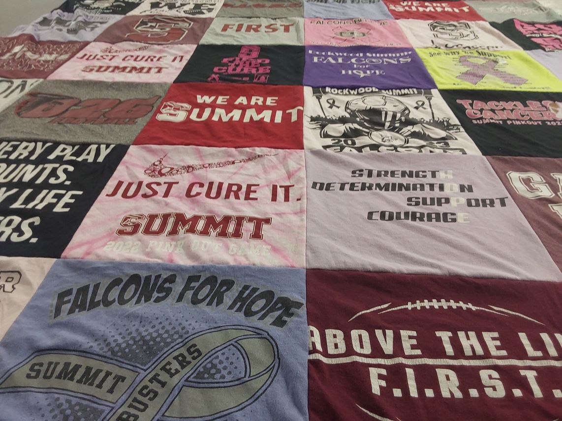 T-shirt quilt featuring rockwood high school falcons by Jennifer from MO