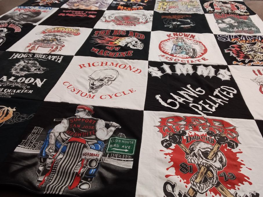 T-shirt quilt with motorcycles, biker culture themes by Barbara from CA