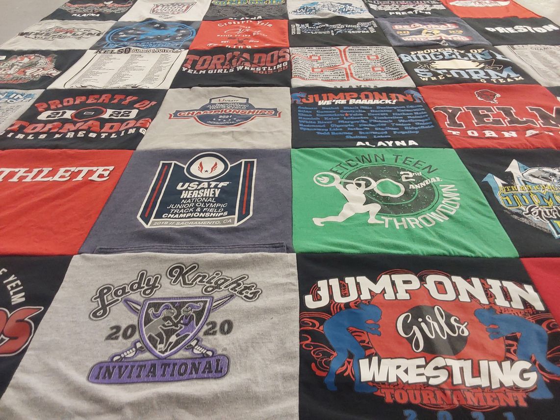 T-shirt quilt featuring yelm tornadoes, lady knights by Melanie from WA