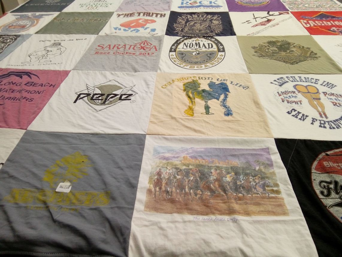 T-shirt quilt with racing, beach themes by Randi from NY