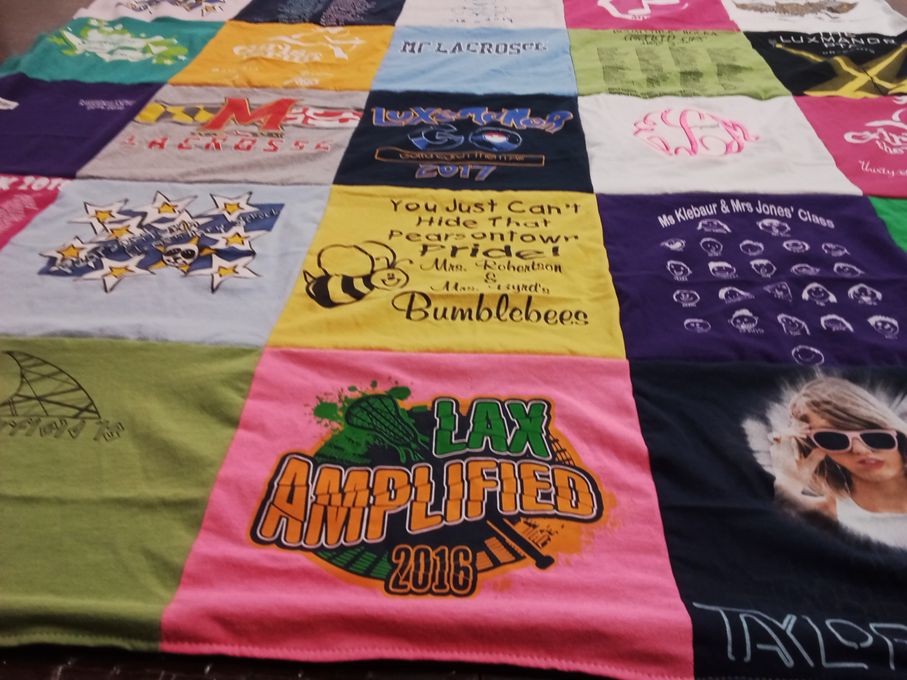 T-shirt quilt with lacrosse, sports themes by Ashlei from IN