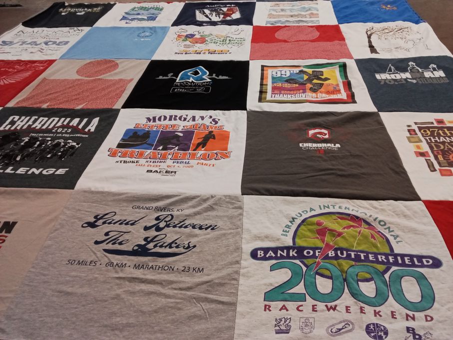 T-shirt quilt with running, triathlon themes by Adam from KY
