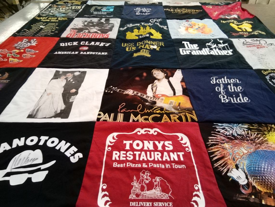 T-shirt quilt with music, cooking themes by Patricia from NY