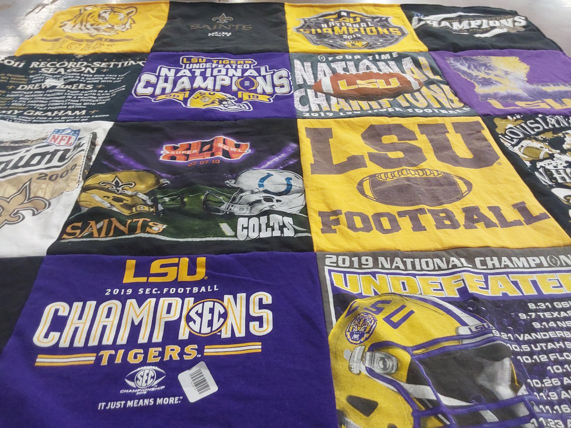 T-shirt quilt featuring louisiana state university football, new orleans saints by Arlene from LA