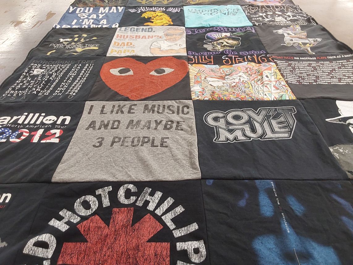 T-shirt quilt with music, concerts themes by Jean from MI