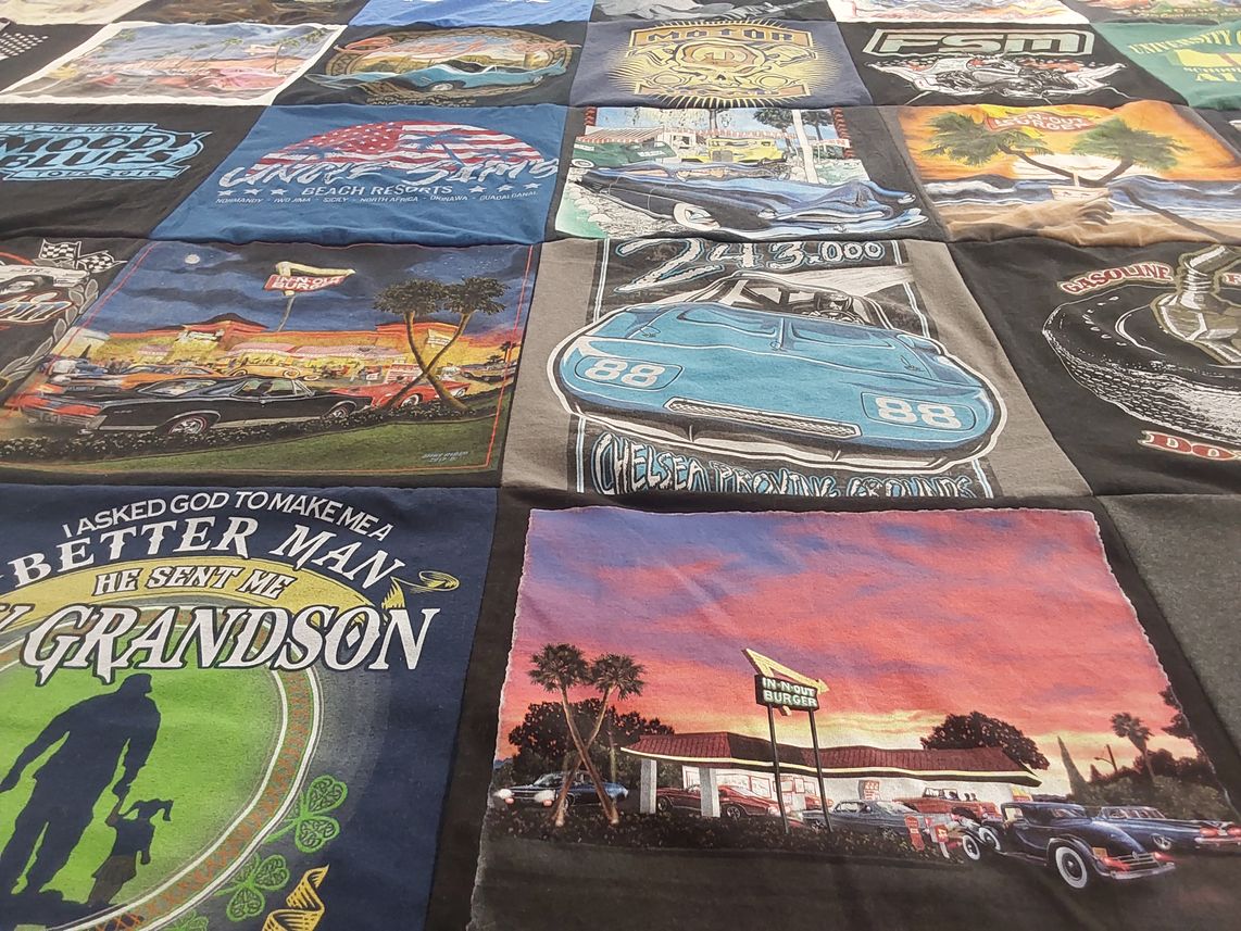 T-shirt quilt with cars, motorcycles themes by Jim from MN