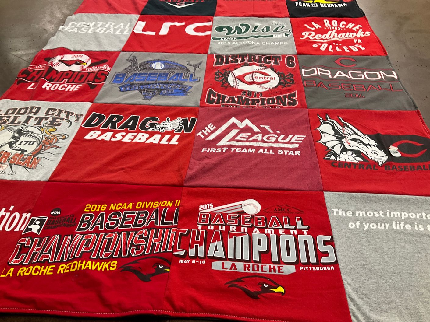 T-shirt quilt featuring la roche redhawks, dragons by Karen from PA