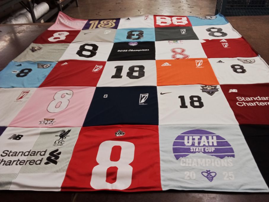 T-shirt quilt with soccer themes by Heather from UT