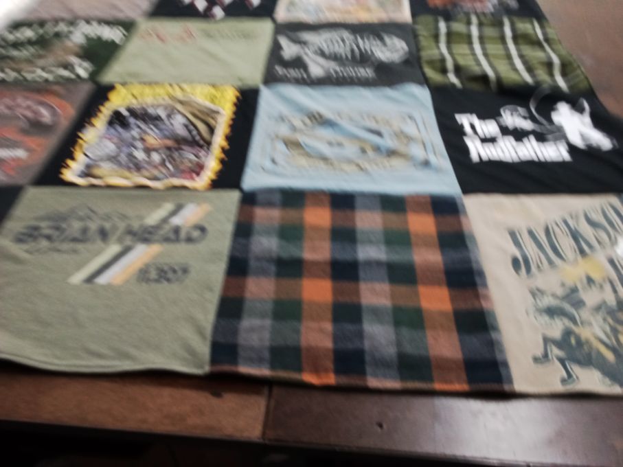 T-shirt quilt with outdoor, fishing themes by Dw from AZ