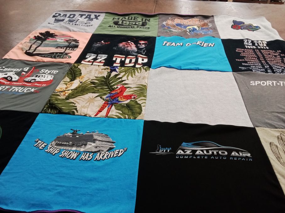 T-shirt quilt with cars, music themes by Dw from AZ