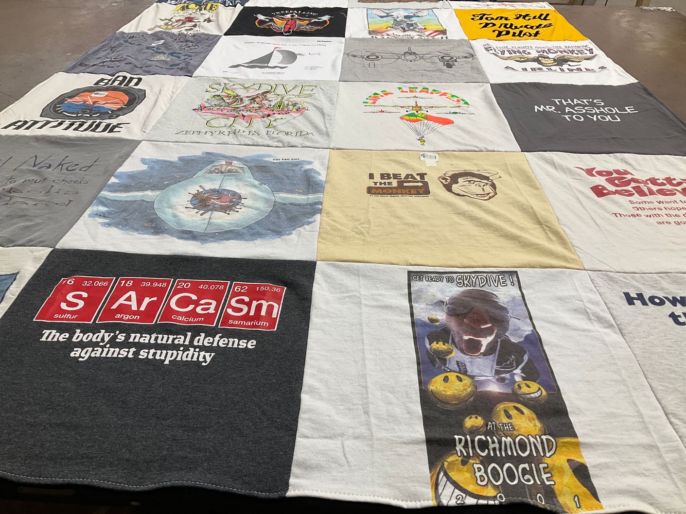 T-shirt quilt with skydiving, humor themes by Bethany from IN