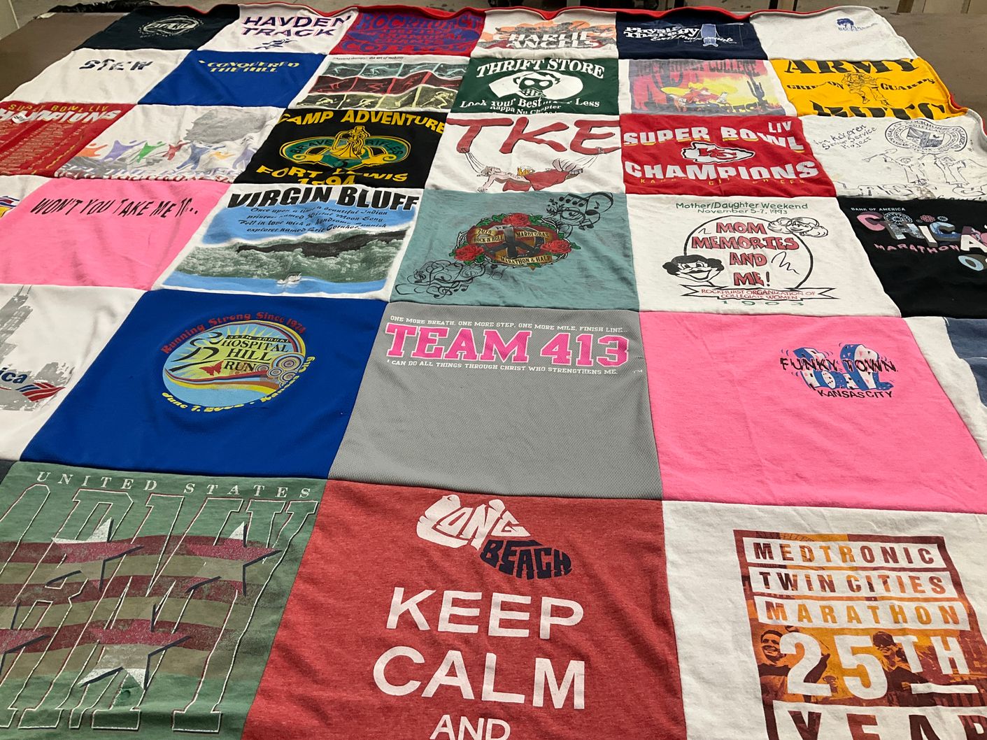 T-shirt quilt with running, marathons themes by Christi from MO