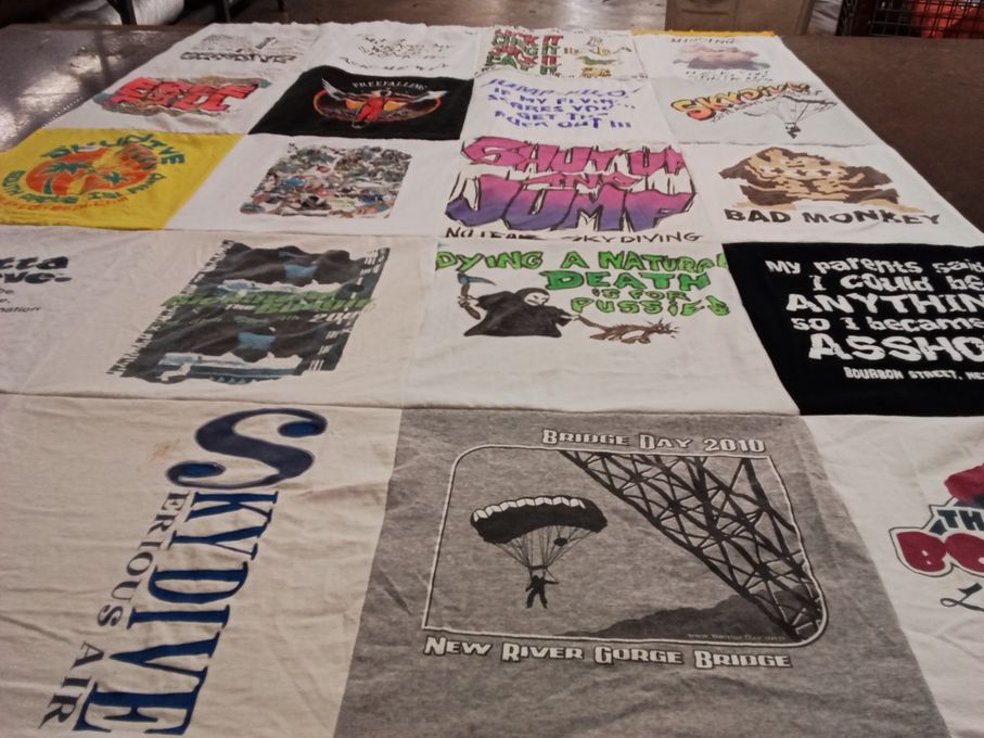 T-shirt quilt with skydiving, extreme sports themes by Bethany from IN