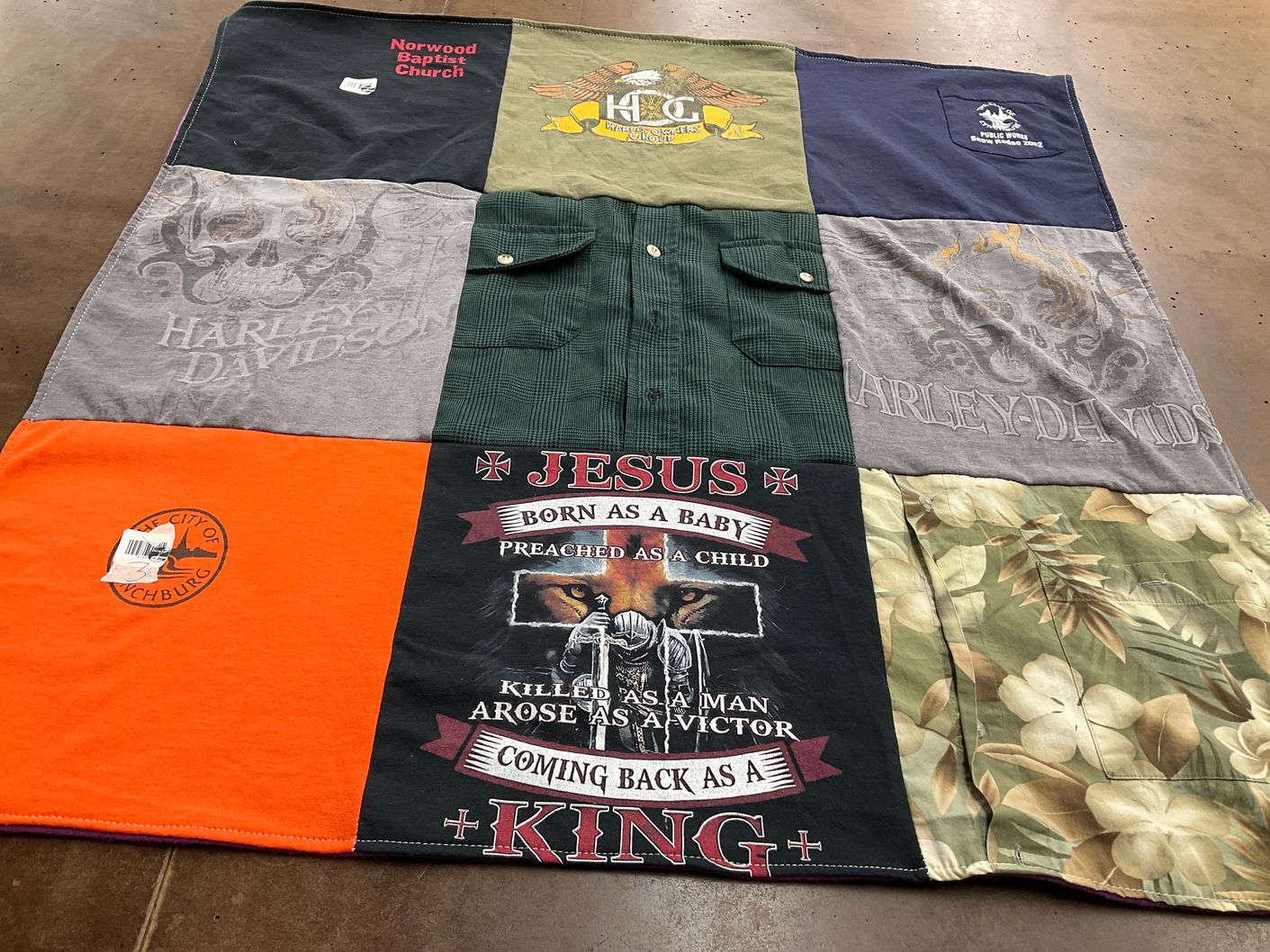 T-shirt quilt with motorcycles, religion themes by Mary from VA