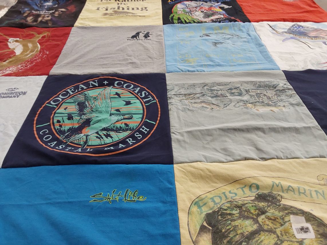 T-shirt quilt with fishing, marine life themes by tiffany from SC