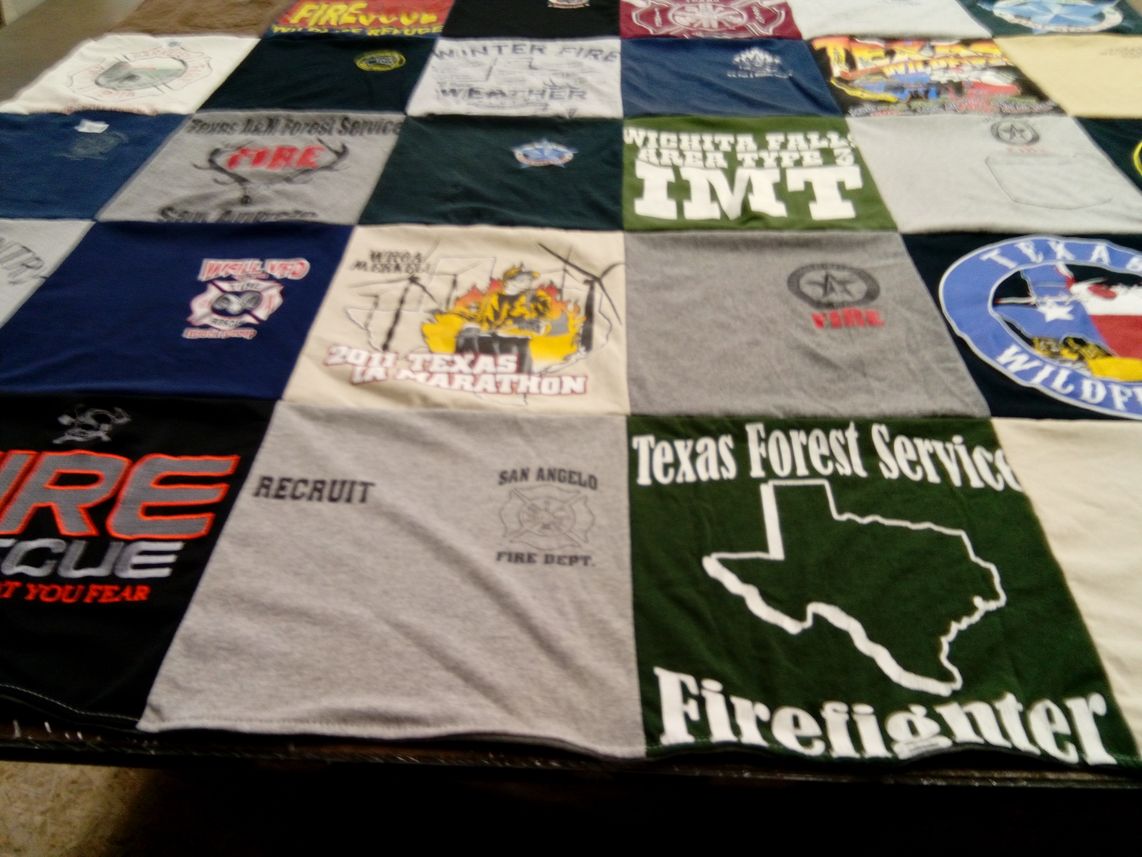 T-shirt quilt with firefighting, marathons themes by SARAH from TX