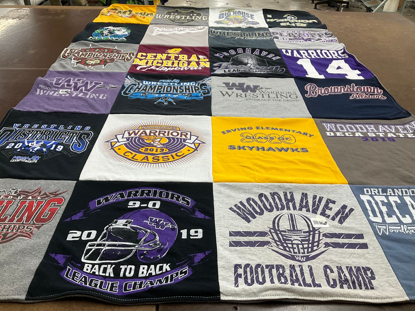 T-shirt quilt featuring woodhaven warriors by Raymond from MI