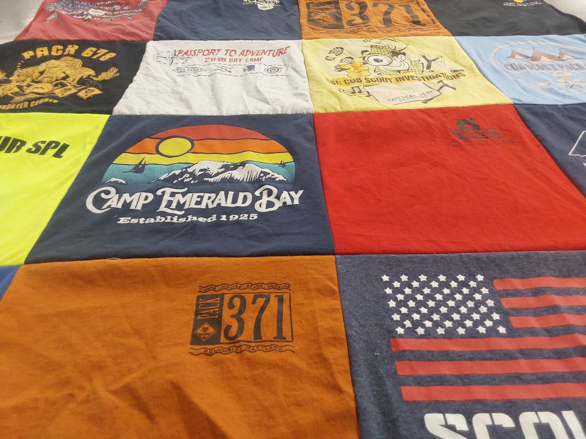 T-shirt quilt with scouting, outdoor themes by Bethany from NV